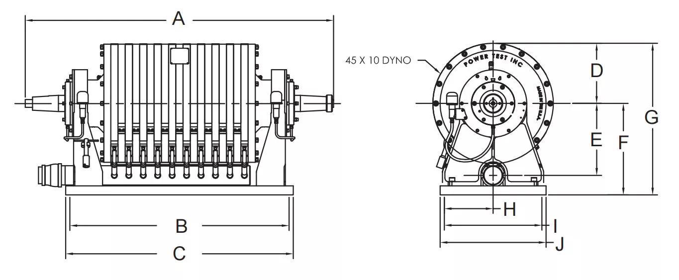HDX hydraulic dynamometer dimensional drawing showing overall envelope and mounting dimensions