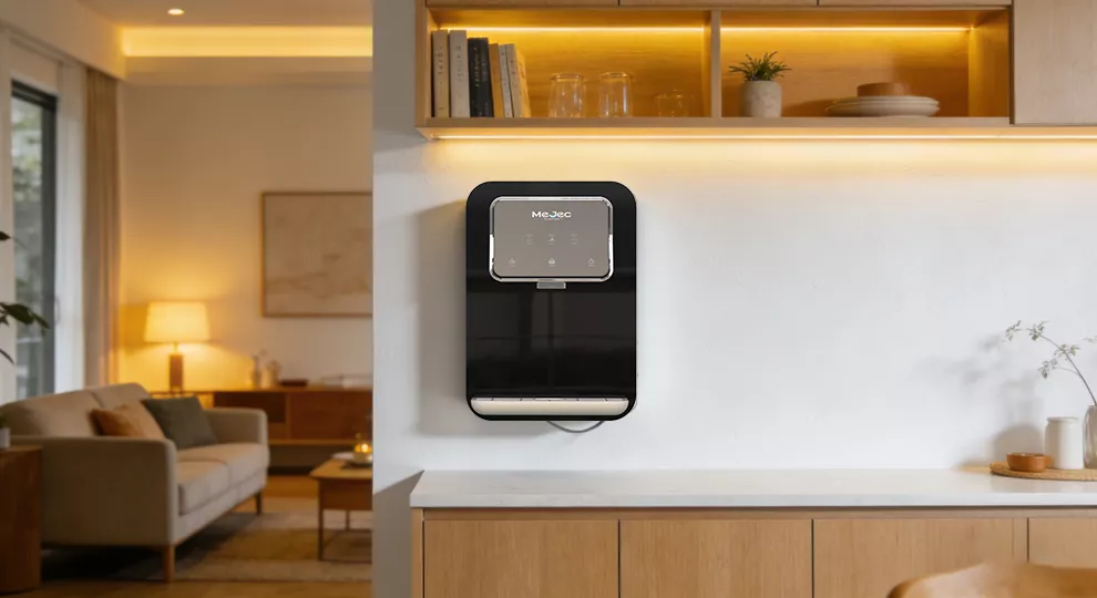 Mejec wall-mounted direct-drinking water dispenser installed in a modern home kitchen