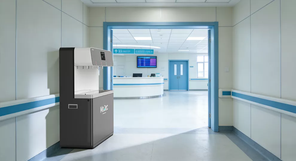 High-capacity commercial drinking water dispenser serving a hospital waiting hall