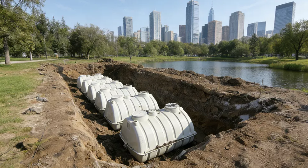 Park and scenic area wastewater treatment plant buried below the landscape