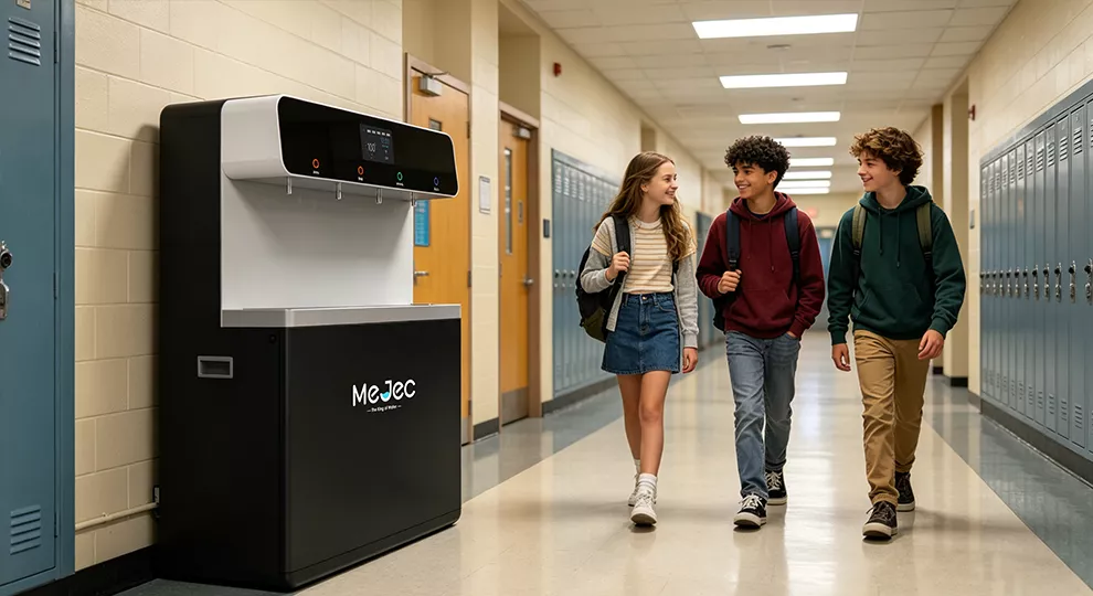 Four-nozzle high-capacity direct drinking fountain on a school campus