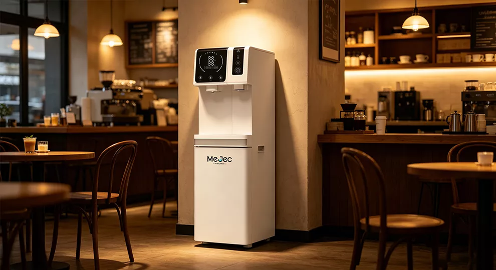 Café direct-drinking dispenser with a built-in ice maker