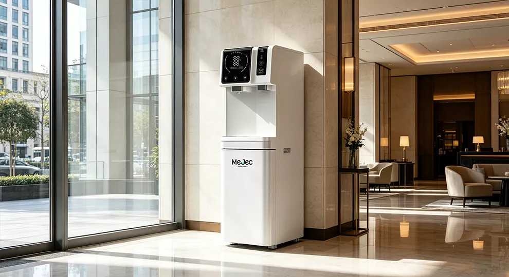 Hotel lobby direct-drinking dispenser with an integrated ice maker