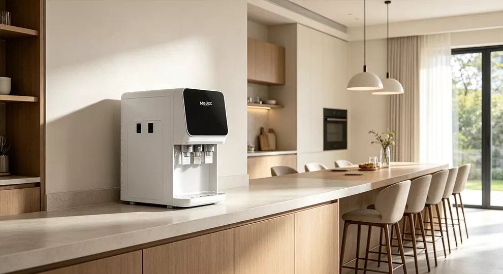 Mejec residential countertop hot and cold water dispenser in a modern home kitchen