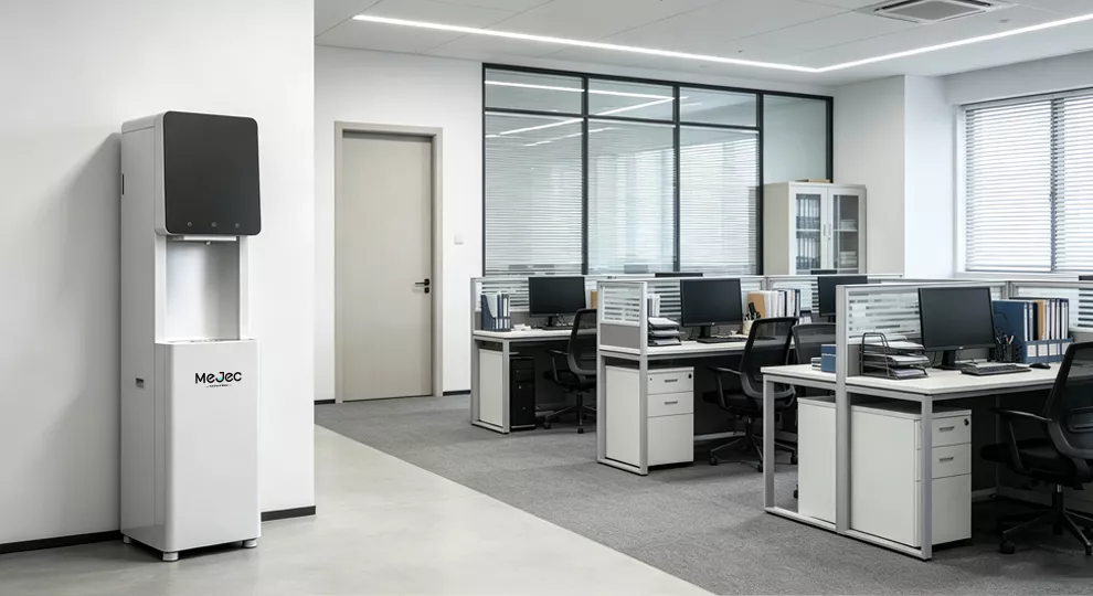 Smart commercial water dispenser with a large screen in an executive office