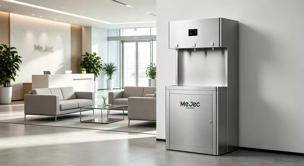 Stainless steel three-spout water dispenser in a business reception area
